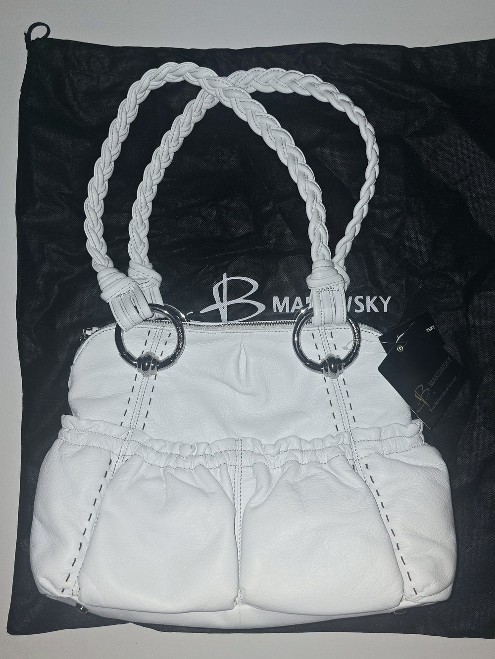 B. MAKOWSKY Medium White Leather Braided Straps Tote Satchel Shoulder Purse